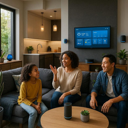 Happy african american family sitting on sofa in living room at home, talking and having fun