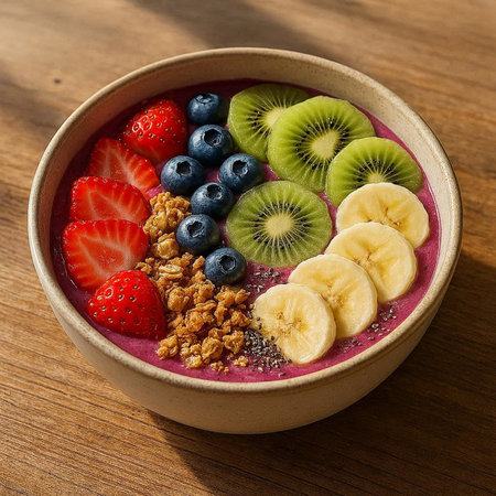 Smoothie bowl with strawberry, blueberry, kiwi and banana
