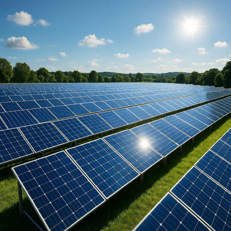solar energy panels on the green field with blue sky and sun