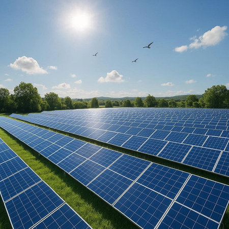 Solar panels on a green field with blue sky and white clouds.