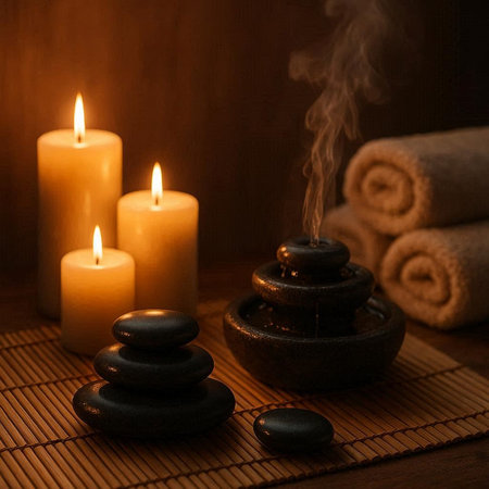 Spa still life with candles and hot stones on a bamboo mat