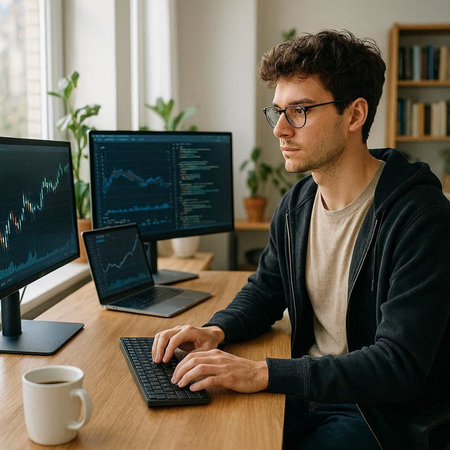 Image of young caucasian man in eyeglasses using computer while working at home.