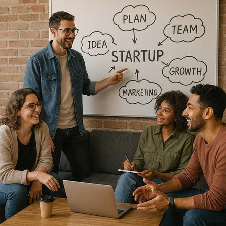 Group of diverse business people working together on a project in a modern office