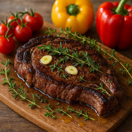 Grilled beef steak with thyme, pepper and tomato on wooden board