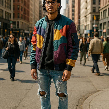 Fashionable man poses outside Gucci fashion show building for Milan Women's Fashion Week in Milan.