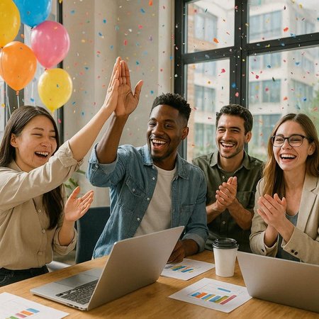 Group of happy multiethnic business people celebrating with raised hands in office