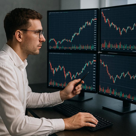 Side view of handsome trader in eyeglasses using computer with forex chart on screen