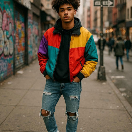 African american man with curly hair, wear colorful jacket and jeans, posing on the street.