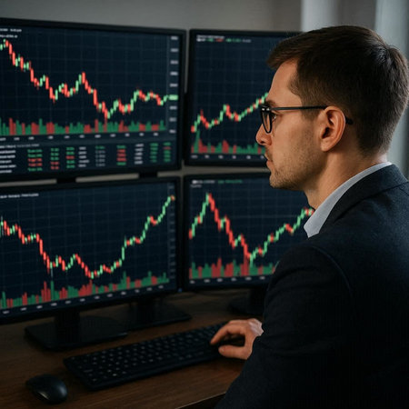 Side view of businessman in eyeglasses looking at computer monitor with stock market data on screen