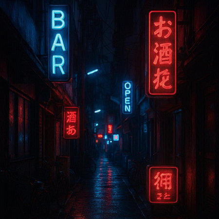 Narrow street at night with neon signs in Hong Kong, China.
