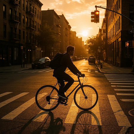 Cyclist on the street at sunset in New York City.