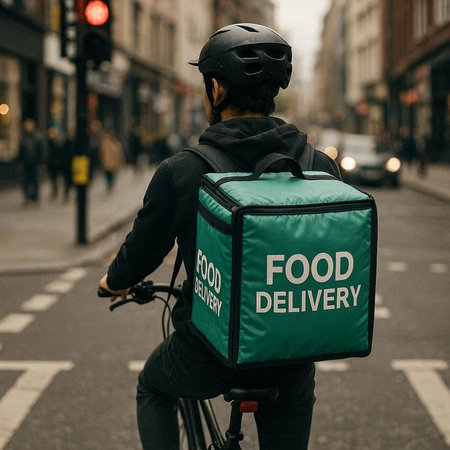 Rear view of delivery man with thermo bag delivering food in the city