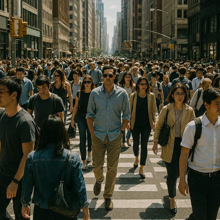 Crowd of people crossing the street in Manhattanの写真素材