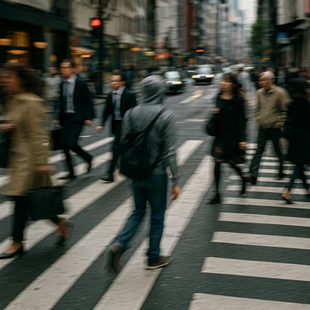 People crossing a street in London, UK. Blurred motion.