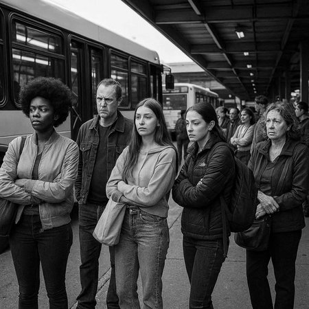Group of people waiting for a train at the station in black and white
