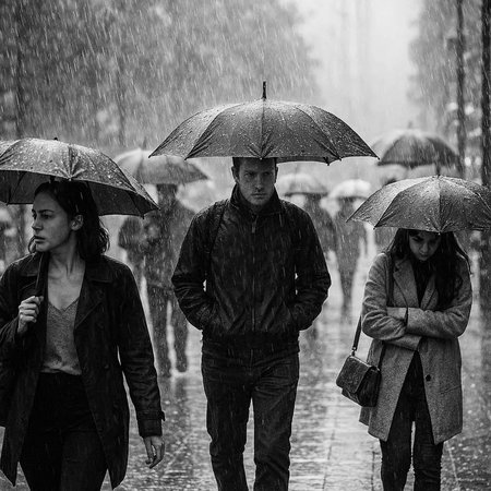 Couple in rain. Black and white photo of man and woman in rain.