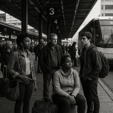 Group of people waiting for a train at the station in black and white