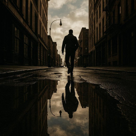 Reflection of a man in a puddle in a city street