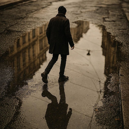A young man in a coat walks through a puddle on a rainy day.
