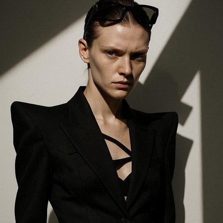 Portrait of a handsome young man in a black suit and sunglasses