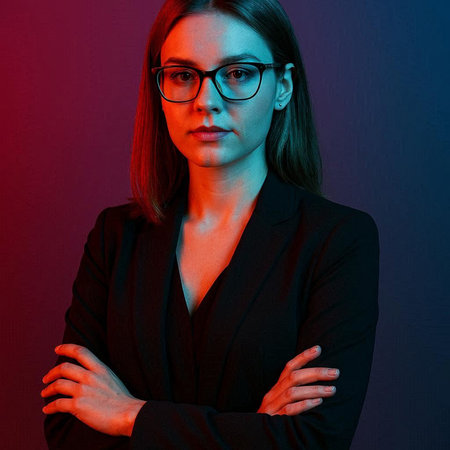 Portrait of a beautiful businesswoman in glasses on a dark background.