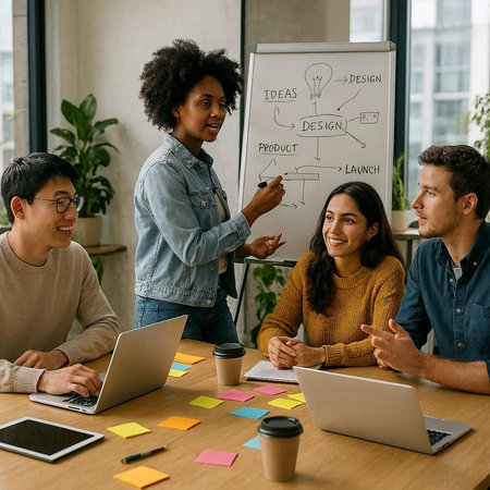 Multiethnic startup business team brainstorming on meeting in modern bright office interior.