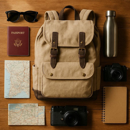 Traveler's accessories on wooden background. Backpack, camera, map, passport and sunglasses.