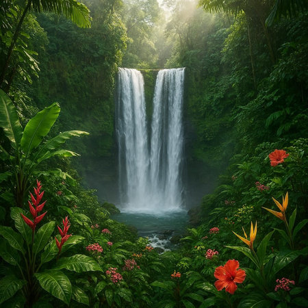 Beautiful waterfall in the rainforest with red flowers and green foliage
