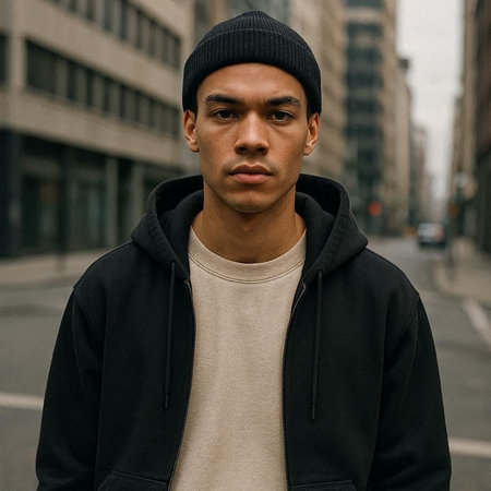 Handsome african american man in black hoodie and hat looking at camera while standing on street