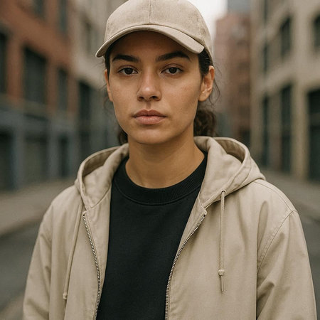 Portrait of a beautiful young woman in a cap on the streetの写真素材