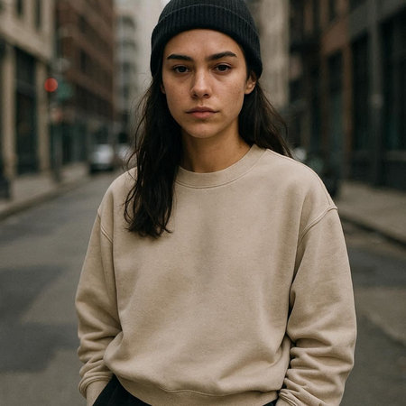 Portrait of a beautiful young woman in a beige sweater and black hat on the street.