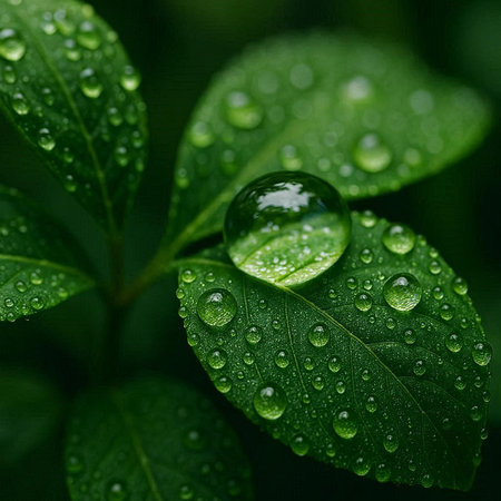 Water drops on green leaves. Nature background. Shallow depth of field.