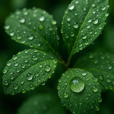 Water drops on green leaves. Close-up. Nature background.