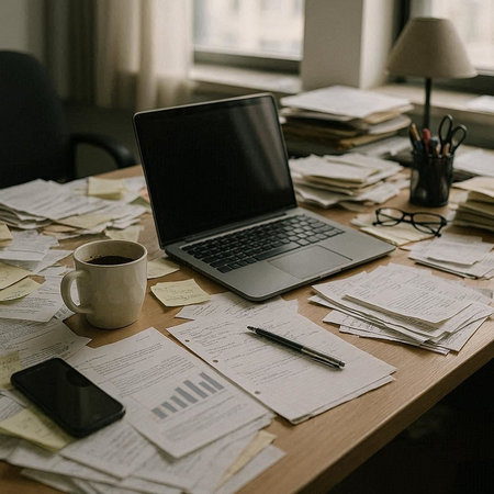 workplace with laptop, coffee cup and documents on table in office