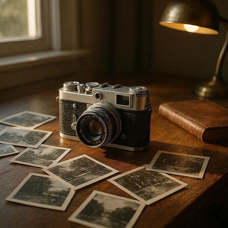 Retro camera and old photos on a wooden table with a lamp