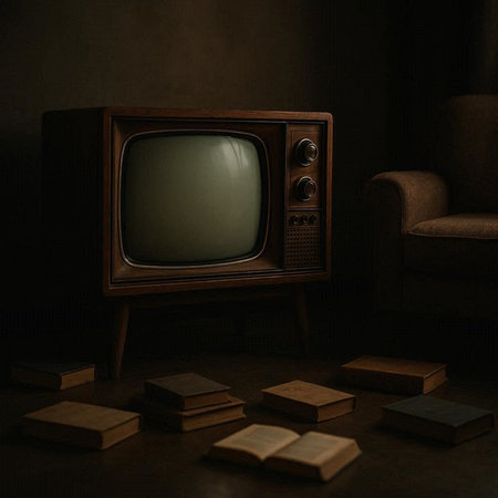Vintage TV set and books on a dark background. 3d rendering