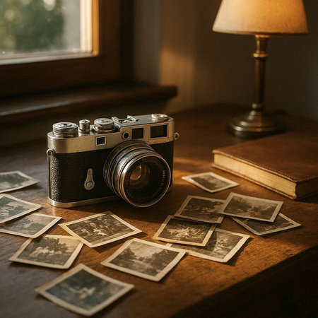 Vintage camera and old photos on a wooden table in a roomの写真素材
