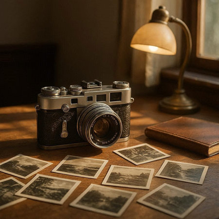 Vintage camera and old photos on a wooden table in a room