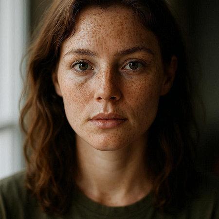 Portrait of a young woman with freckles on her face.