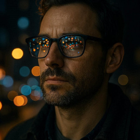 Portrait of a man with glasses against the background of the night city