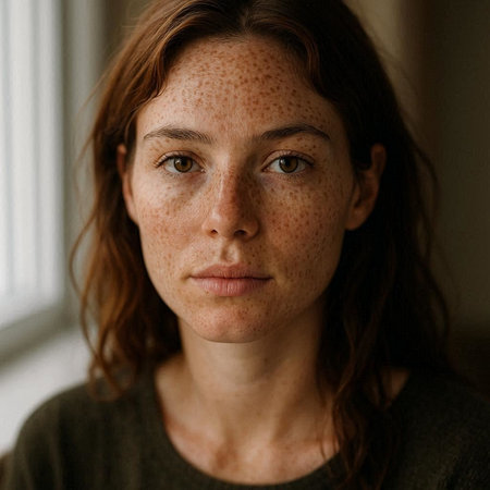 Portrait of a young woman with freckles on her face