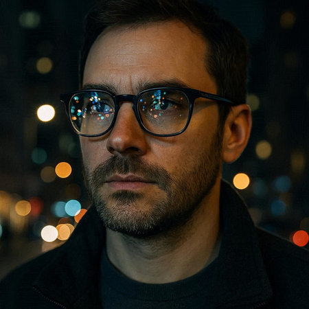 Portrait of a handsome man with glasses at night in the city