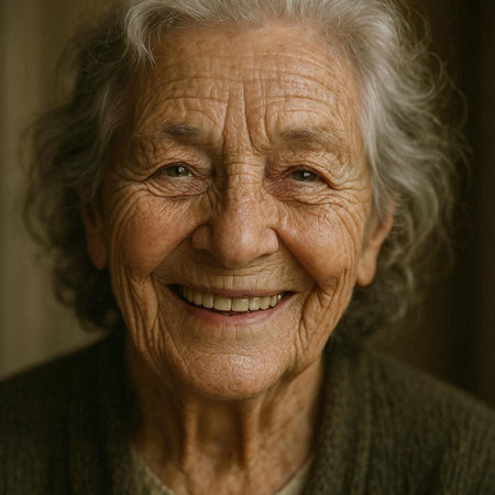 Portrait of an elderly woman smiling at the camera, close-up