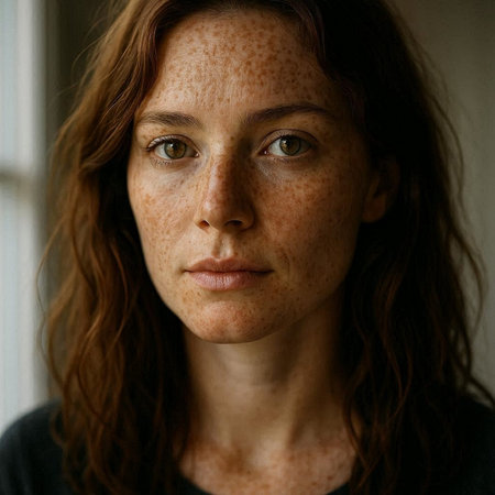 Portrait of a young woman with freckles on her face