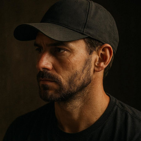 Portrait of a brutal man in a baseball cap on a dark background