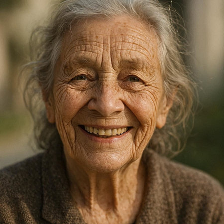 Portrait of an elderly woman smiling and looking at the camera.
