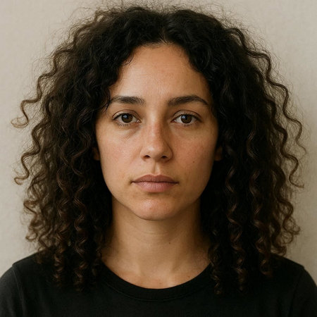 Portrait of a young woman with long curly hair and brown eyes