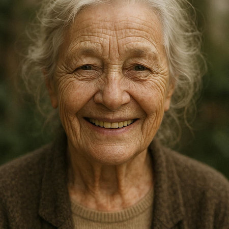 Portrait of an elderly woman smiling at the camera in the garden