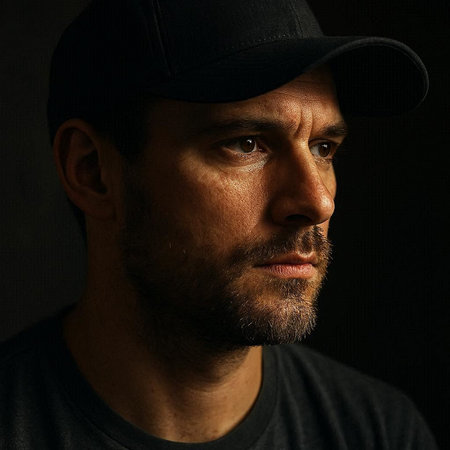 Portrait of a handsome man in a cap on a dark background