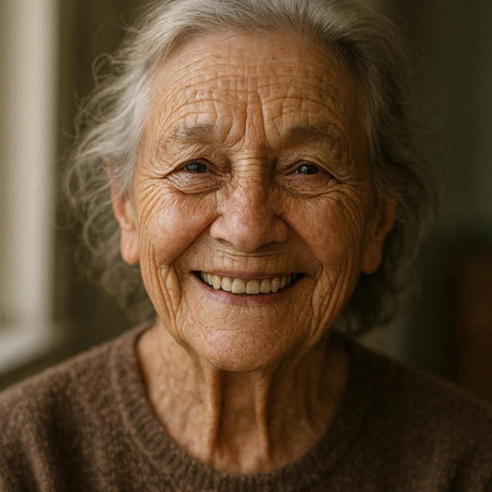Portrait of an elderly woman smiling at the camera in her home